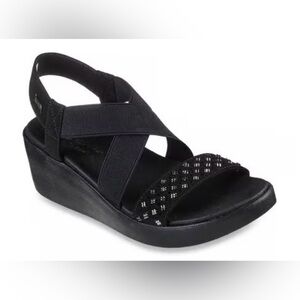 NEW Skechers Arch Fit Rumble Black Wedge Sandals sling back wedges Shoes Size 9